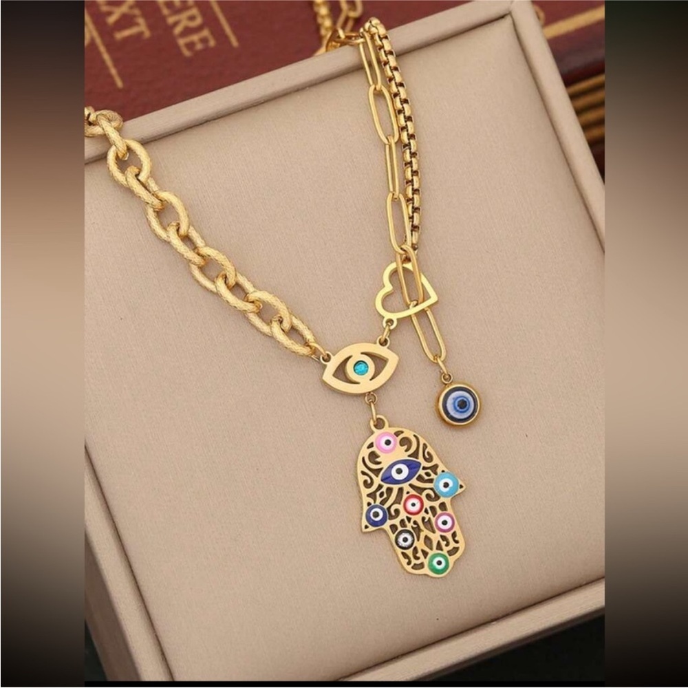 Gold Embellished Blue Evil Eye & Multi Hamsa Charm Lariat Chain Necklace New